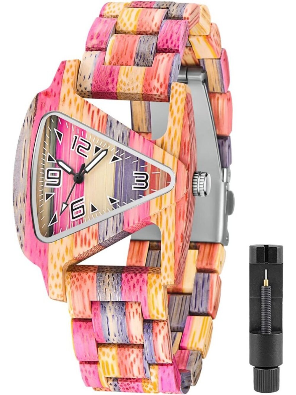 Women's Multi Colorful Analog Quartz Geometric Bamboo Triangular Wooden Watch